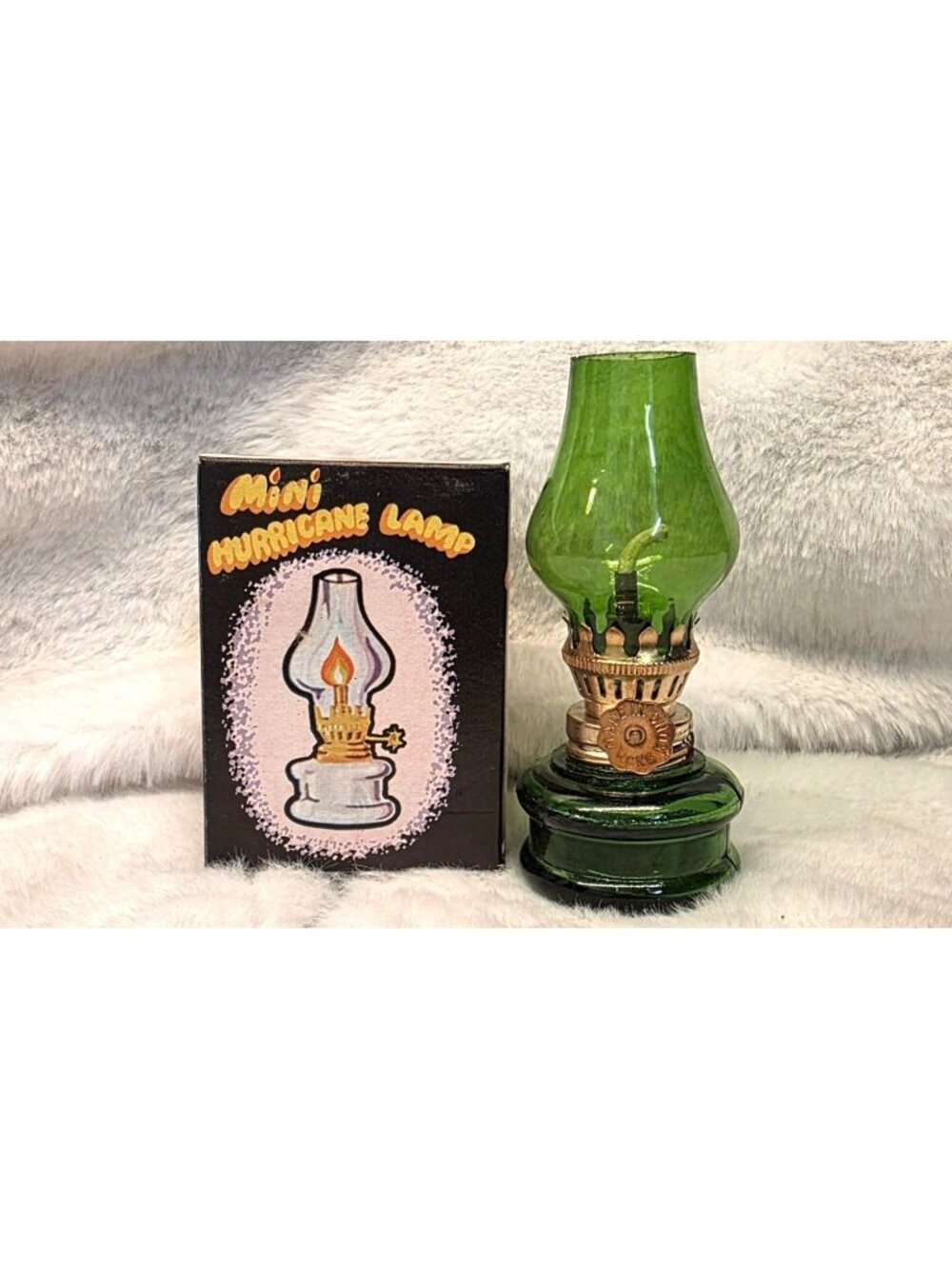 Vintage Mini 4" Retro Green Glass Hurricane Lamp w Box Smalls Knick Knacks